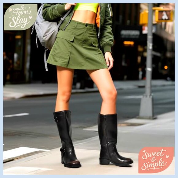 Women's Knee High Combat Boots Chunky Heel Side Zipper Square Toe - Picture 3 of 7